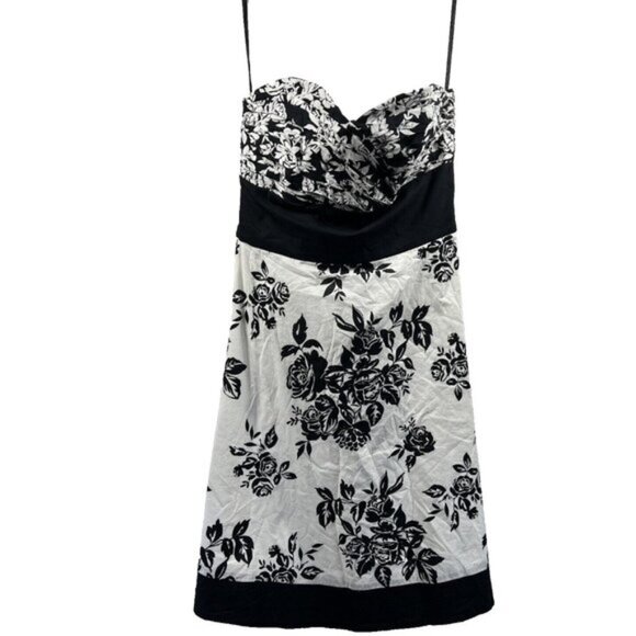 WHBM White House Black Market Dress 10 Floral Black White Strapless Cotton Zip - Picture 1 of 10
